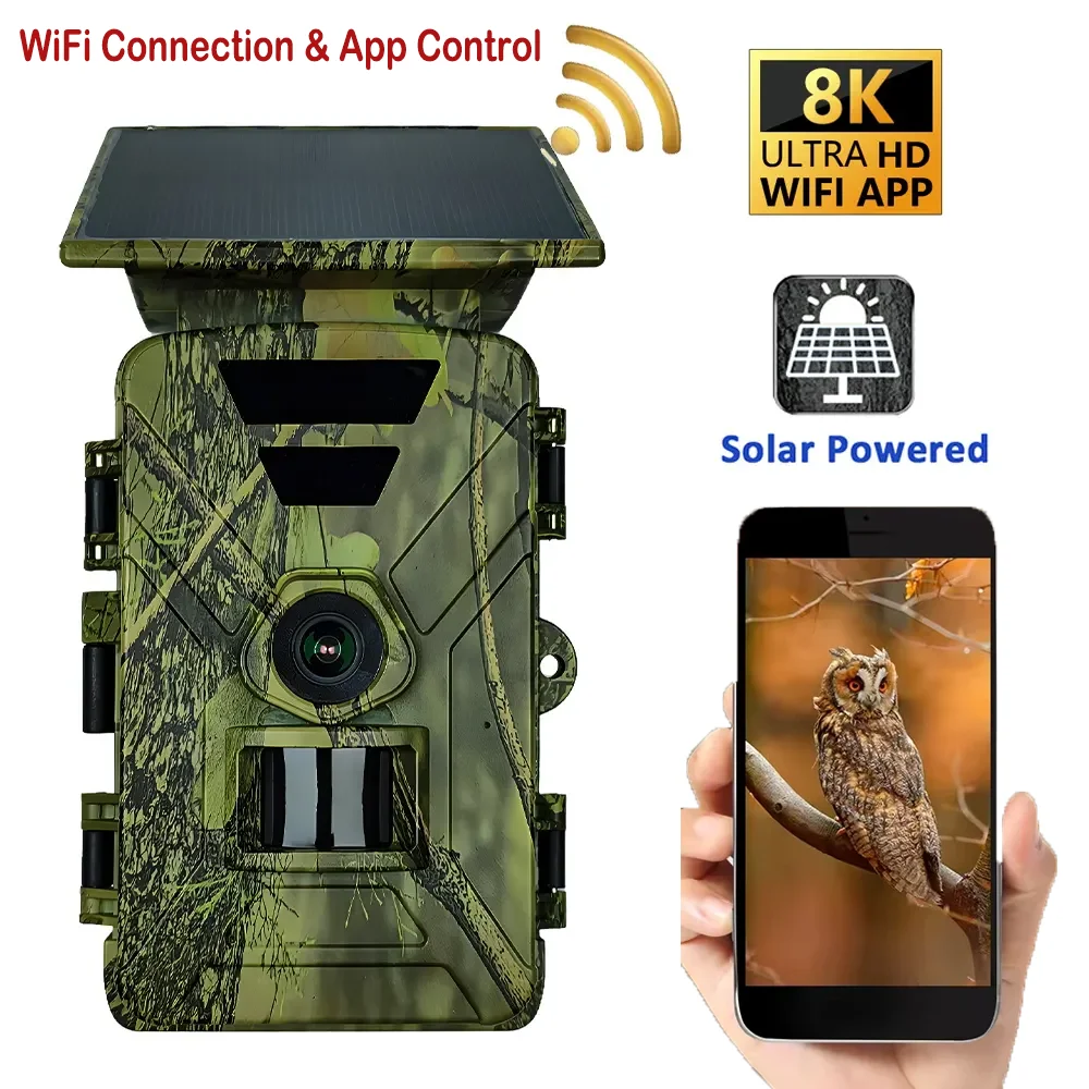 

8K Wireless WIFI Hunting Camera Solar Panel Integrated Main PIR 60MP Long Night Vision Range 2.0" Display Screen Hunting Camera