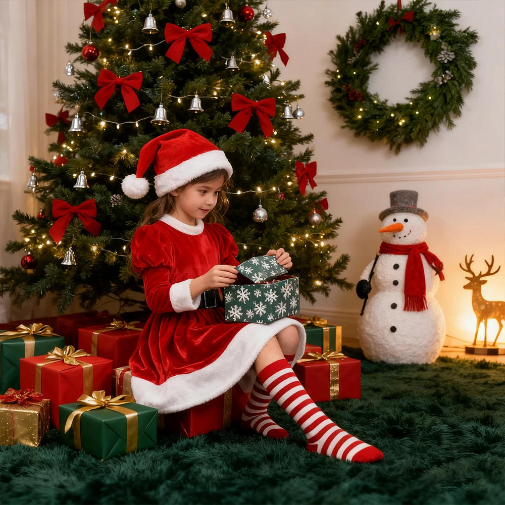 Autumn Winter Velvet Dress+Socks+Hat 3Pcs Sets for Children Santa Claus Cosplay Costumes New Year Dress for Girls Party Dresses