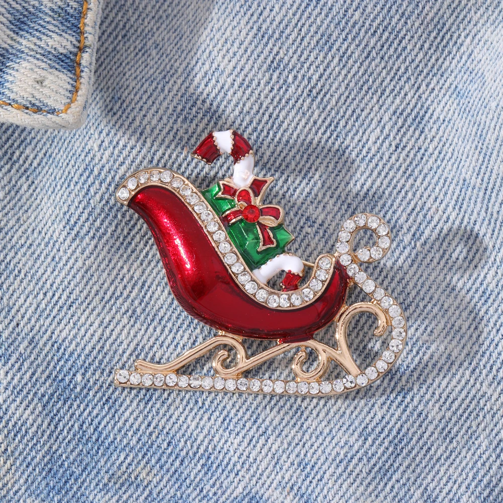 Red Santa Claus Sleigh Candy Cane Bowknot Brooch With Austrian Crystal Christmas Gift Box Pins For Holiday Xmas Present