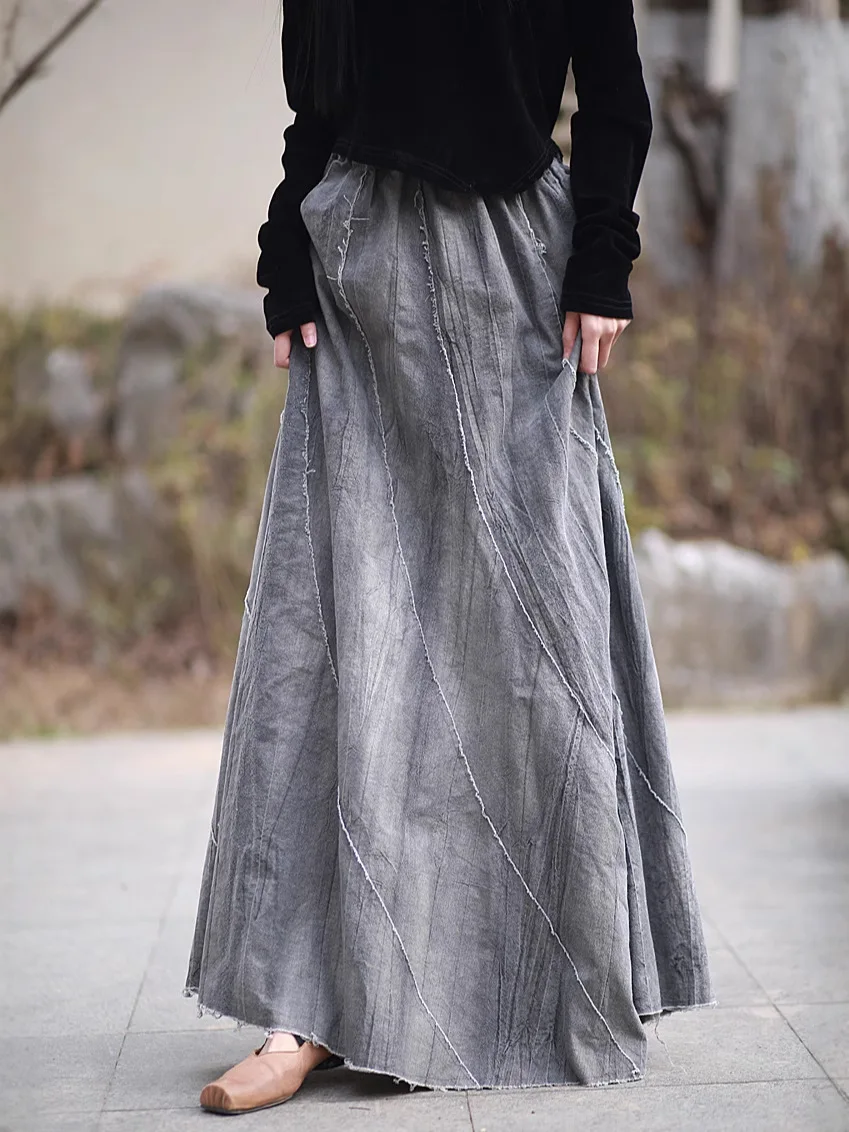 

TIYIHAILEY Long Maxi Women Cotton And Linen Floor Length Skirts New Fashion A-line Elastic High Waist 2025 Ladies Ramie Grey