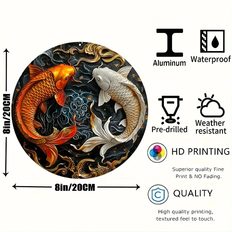 Koi Aluminum Wall Art - Round Home Decoration, Multifunctional Two-Dimensional Metal Sign for Daily Office Use, Decorative Wall Poster
