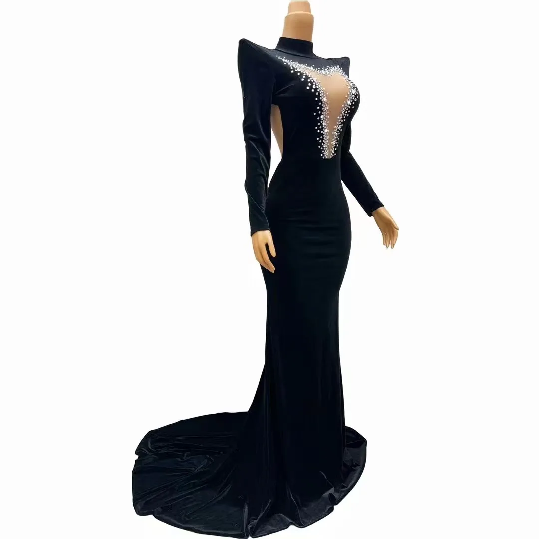 Sexy Stage Evening Black Velvet Silver Rhinestones Big Train Dress Crystals Outfit Nightclub Birthday Party Gowns Collections