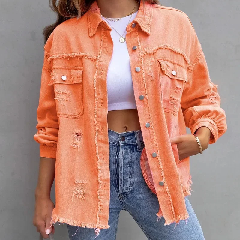 I DO: 01-07 09:18:16 2025 Women Denim Jackets Ripped Pocket Single-breasted Holes Raw-edges Denim Jacket Long Sleeve Lapel Chest