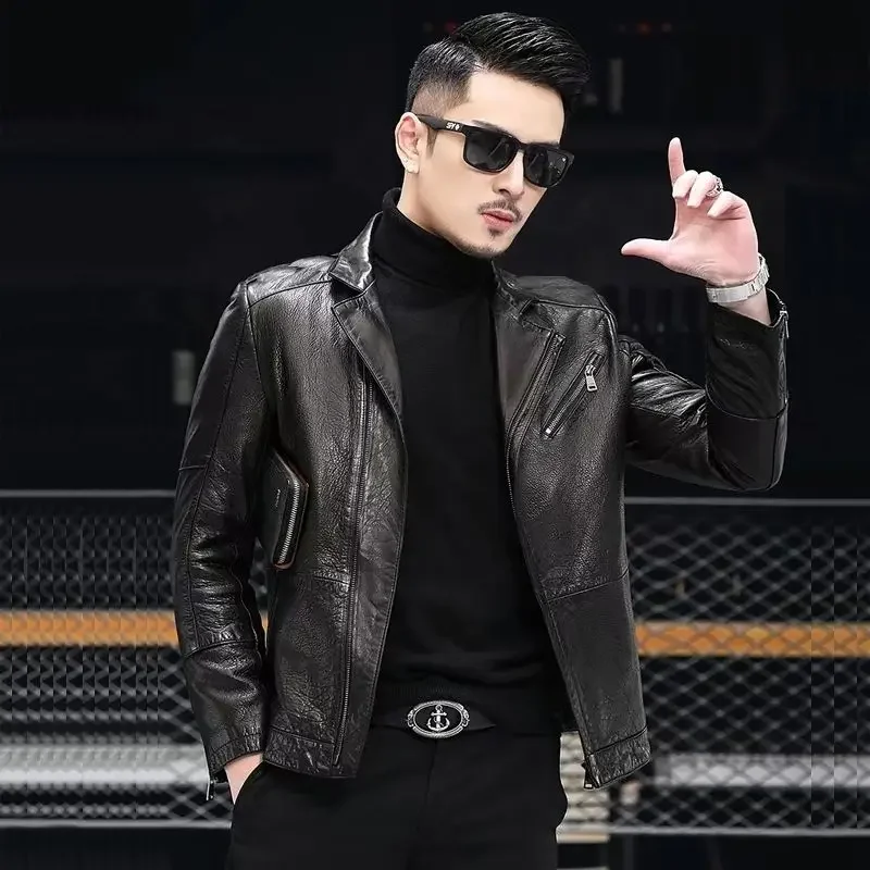 2024 Autumn New Genuine Leather Clothes MenSheepskin Motorcycle Slim Korean Style Suit Collar Leather Jacket Coat