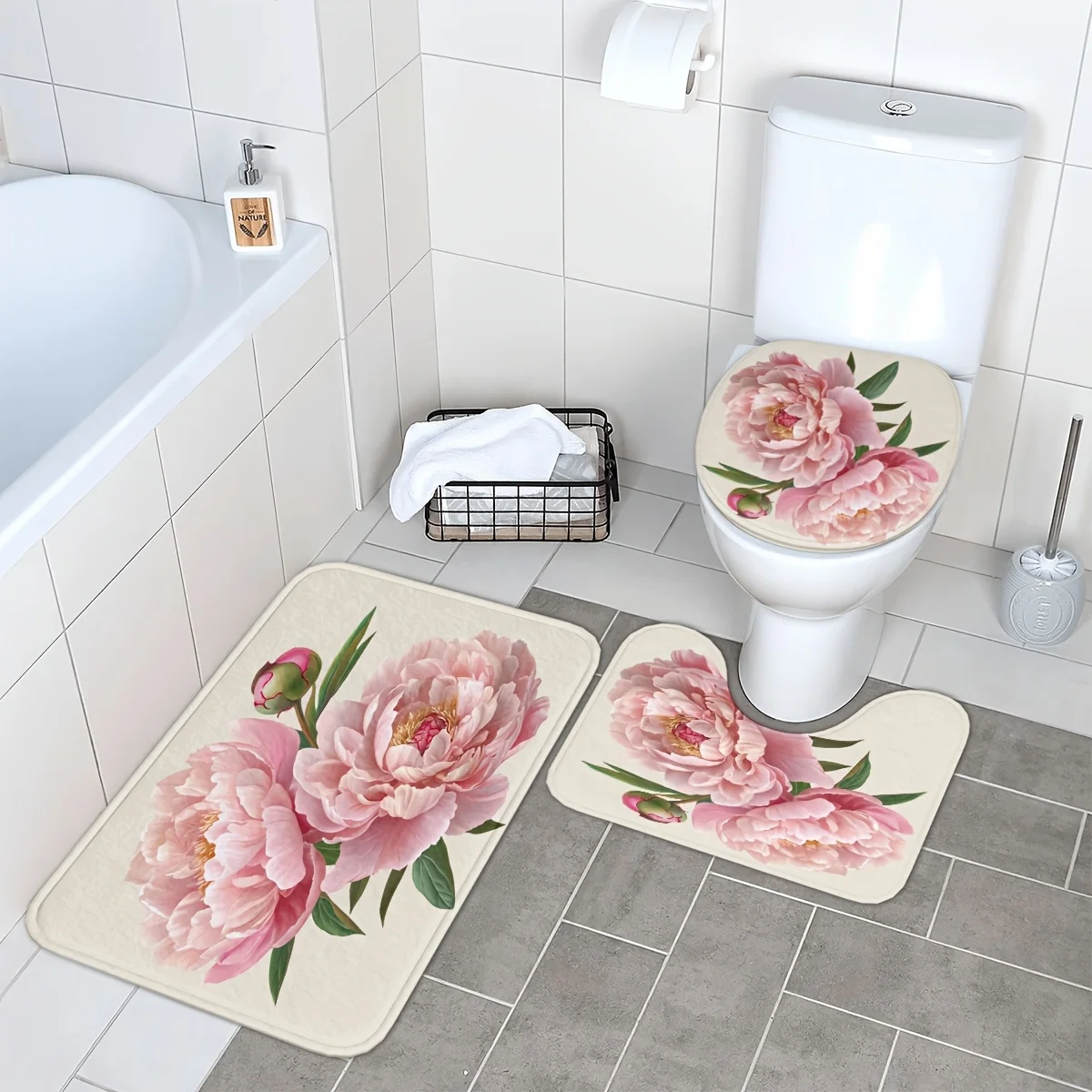

Набор для ванной комнаты Spring Peony из 3 предметов — можно стирать в машине, полиэфирная ткань, сиденье для унитаза и U-образный коврик, нескользящий коврик