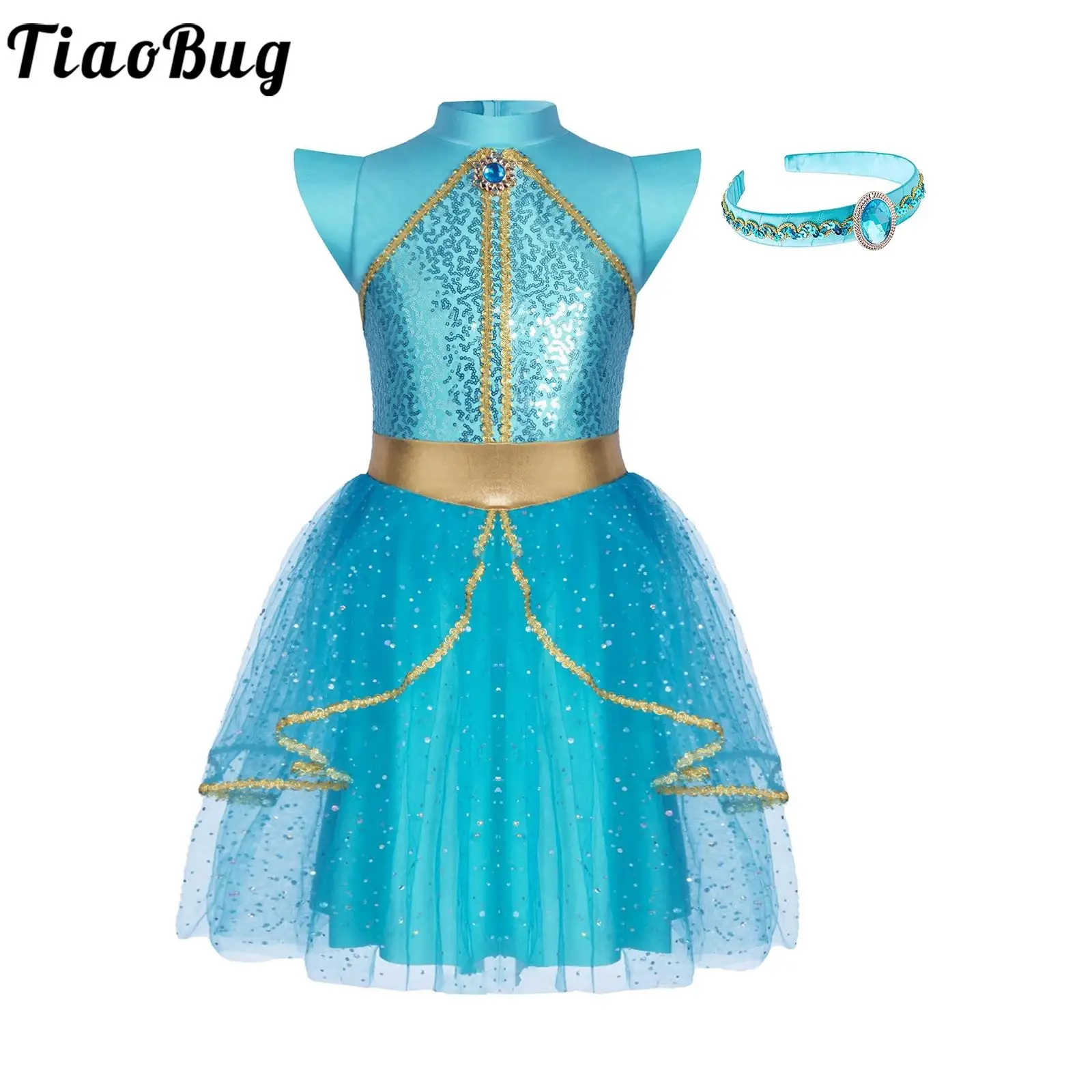 

Girls Halloween Jasmine Princess Dress Up Costume Arabian Princess Cosplay Clothes Sequins Mesh Overlay Dress for Theme Party