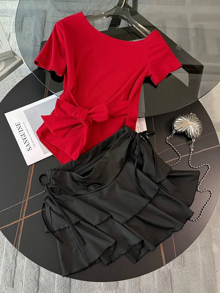 Conjunto de Falda Cruzada con Cinturón y Manga Corta para Mujer, Estilo Moderno y Atrevido, Cintura Irregular, Falda Tipo Pas...