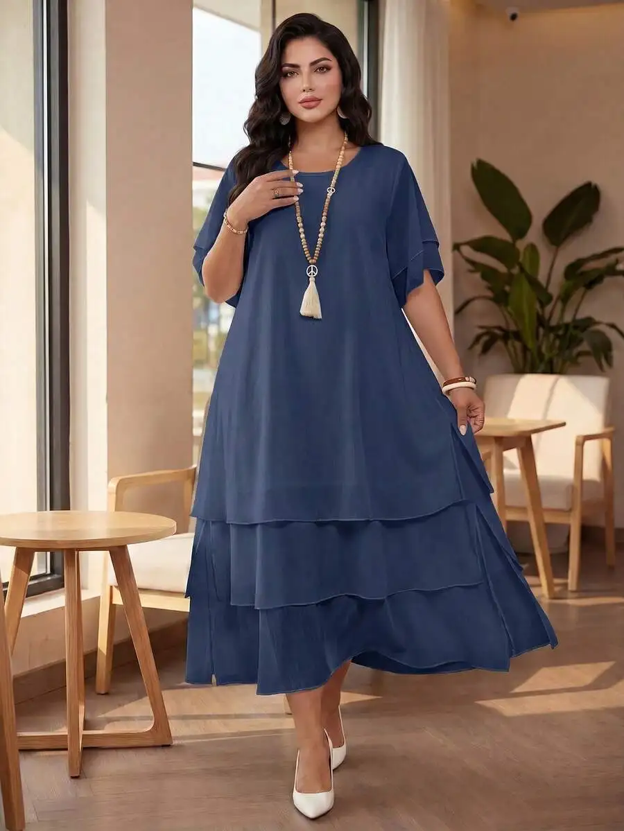 

Plus Size Casual Flowy Tiered Boho Dress Blue Round Neck Short Sleeve Maxi Dress For Women