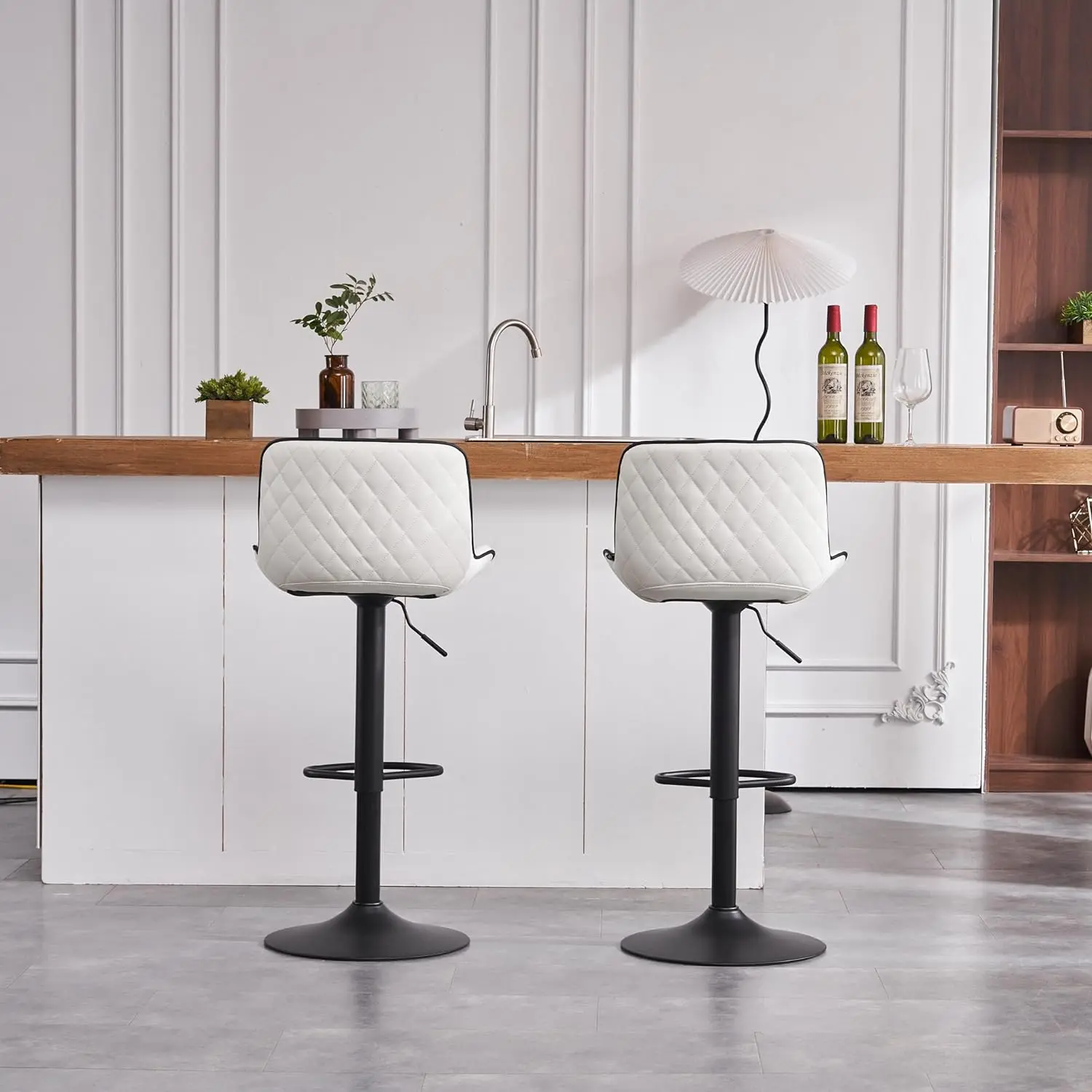 YOUNIKE Bar Stools Set of 2 White Counter Height Barstools with Backs Swivel High Faux Leather Kitchen Island Bar