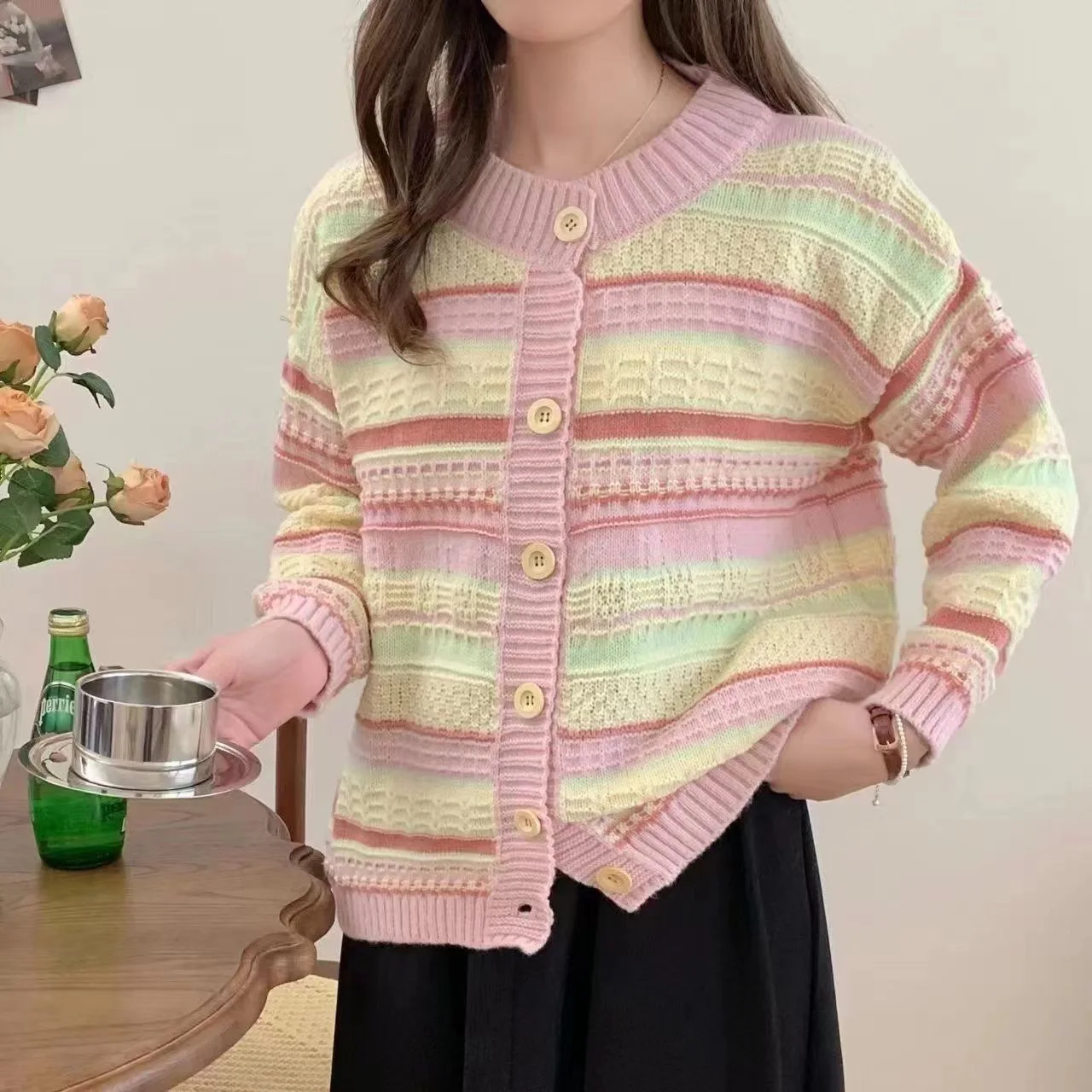 

harajuku Korean casual oversized versatile knitted sweater Spring Autumn Color blocked stripes coats thin cardigan jacket women