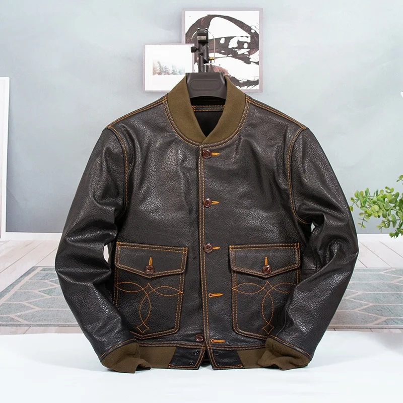 Spring Men\'s A1 Black Jacket Plus Size 4XL American Military Style Natural Sheepskin Autumn Slim Fit Genuine Leather Coats