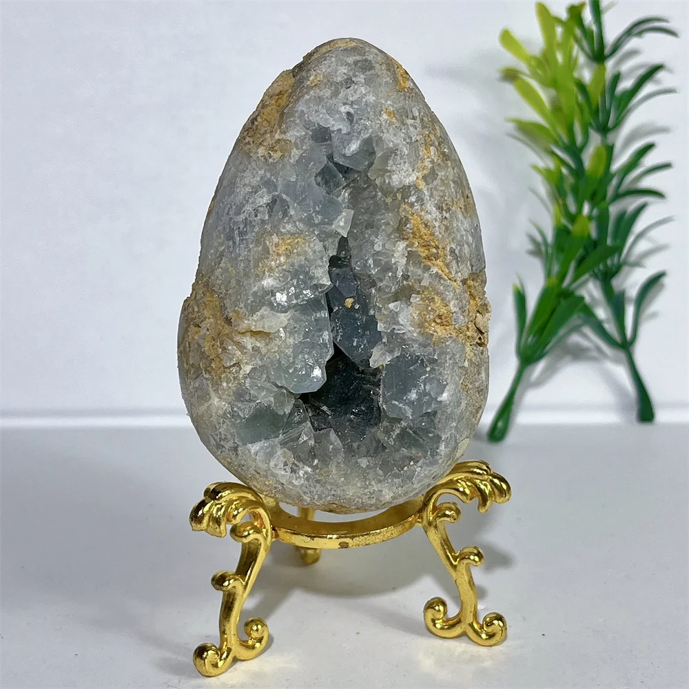 Celestite Egg Cluster Specimen Gemstone Raw Natural Crystal Geode Energy Shaped Home Decorations Reiki Healing +Stand