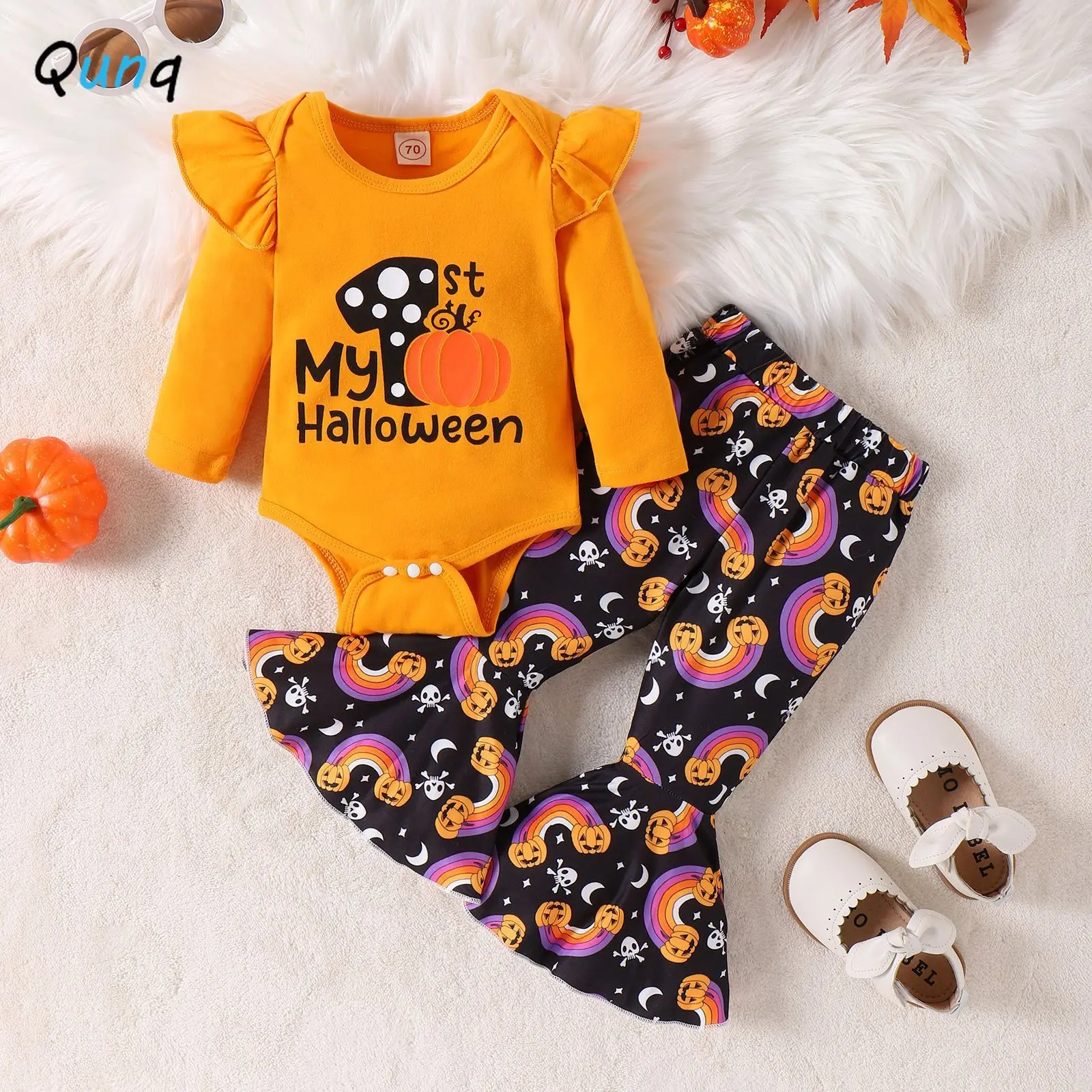 

Qunq 2023 Autumn Girls Halloween Costume Print Long-sleeved Rompers Top+Bell-Bottoms 2 Pieces Set Casual Kids Clothes Age 1T-3T