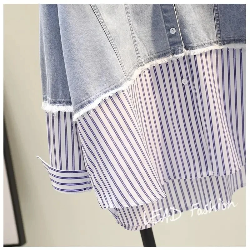 Blue Striped Denim Patchwork High Street Long Sleeve Polo-Neck Women\'s Blouse Shirt Korean Fashion Female Clothing Tops Spring