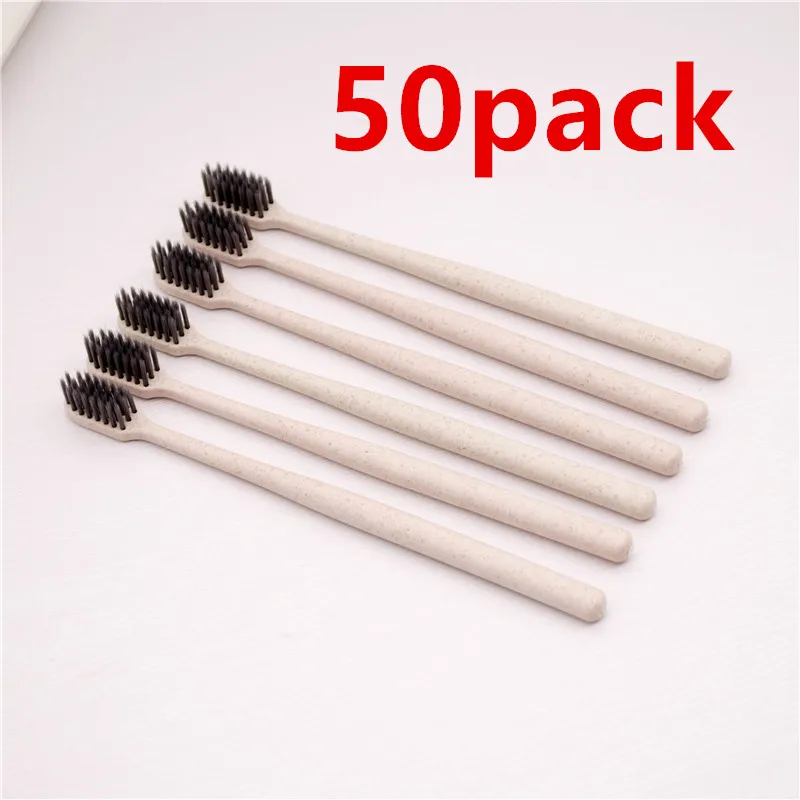 50Pcs Eco-Friendly Wheat Straw Toothbrush, Individually Wrapped Disposable Soft Bristles Manual Travel Toothbrush for  Hotel