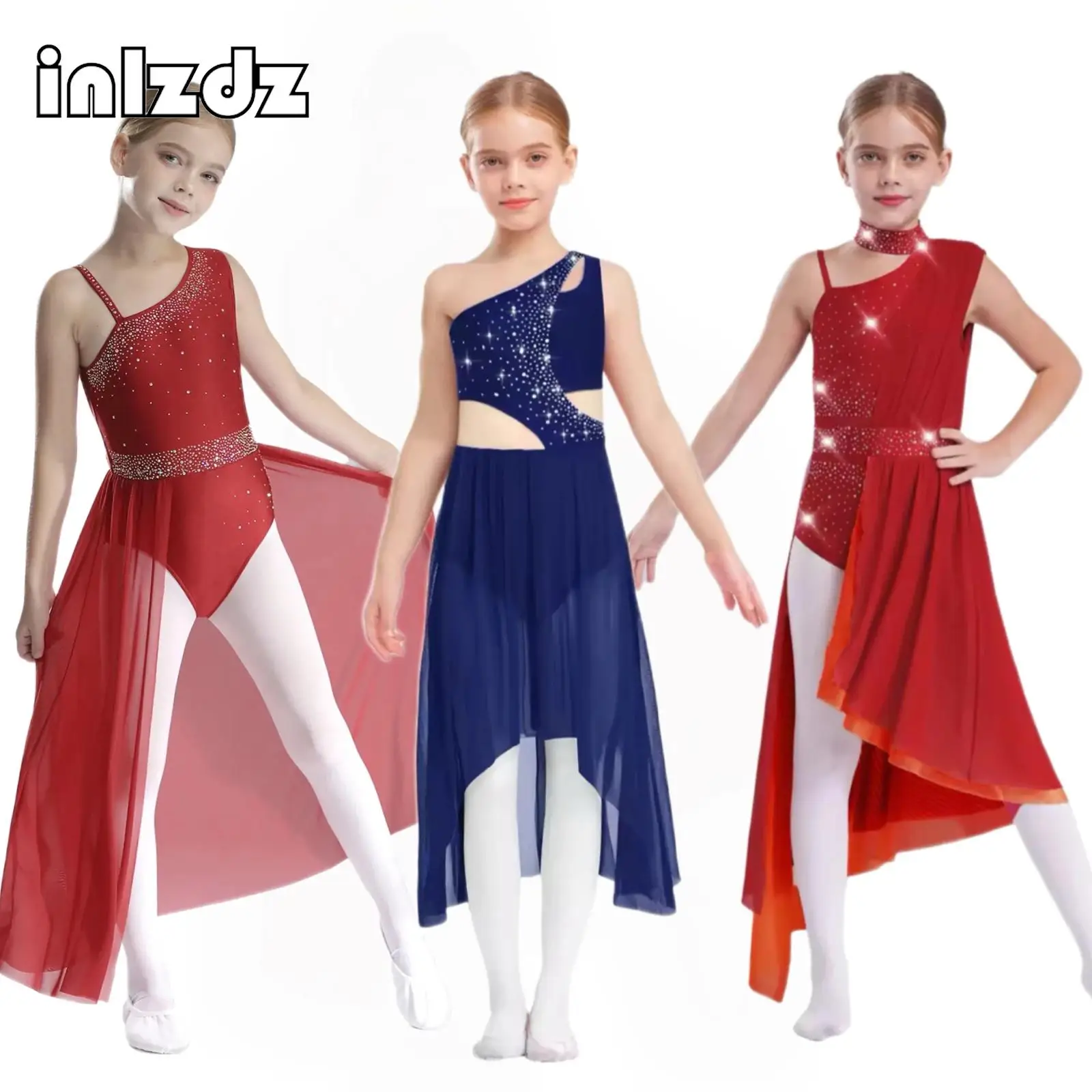 أطفال بنات الجمباز الباليه فستان حديث أداء الرقص الغنائي زي حجر الراين الجانب سبليت بقماش شفاف يوتار Dancewear #1