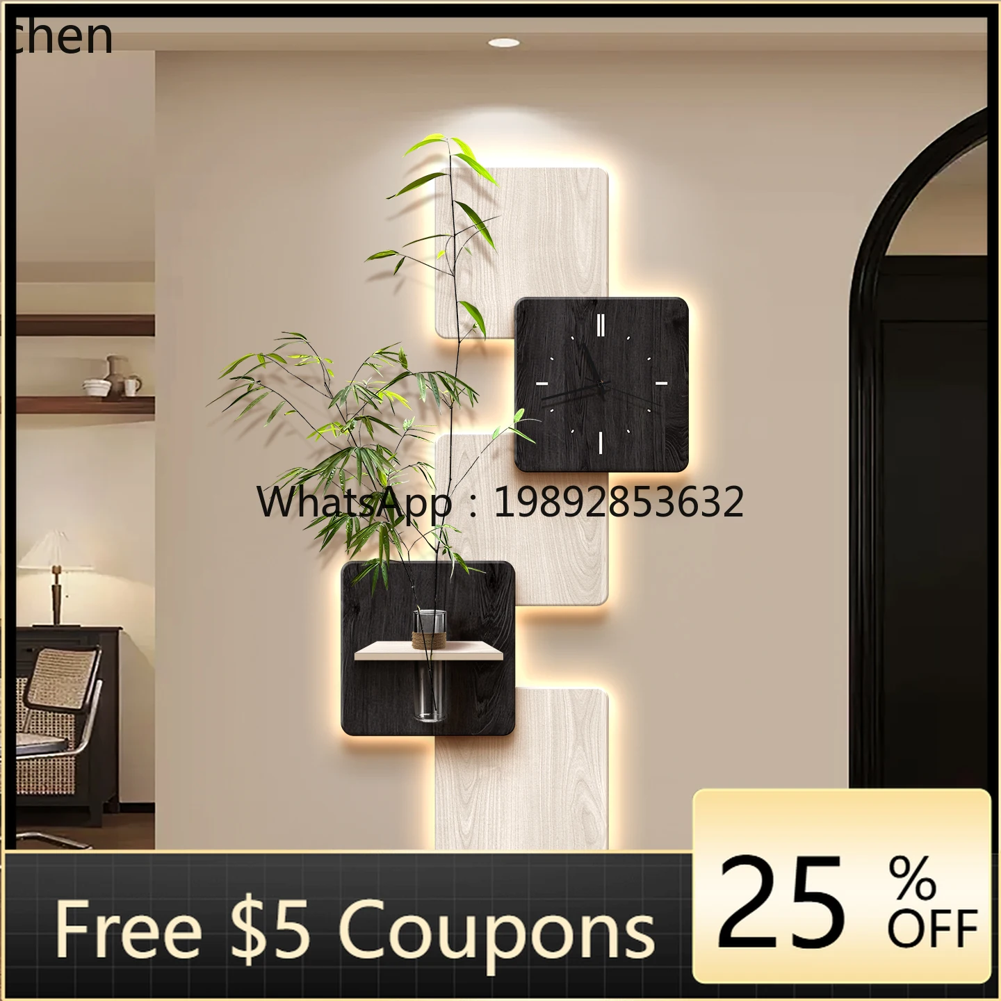 

AB Entrance Decorative Painting Hydroponic Green Plant Entryway Art Wall Hanging with Clock and Wall Lamp Painting