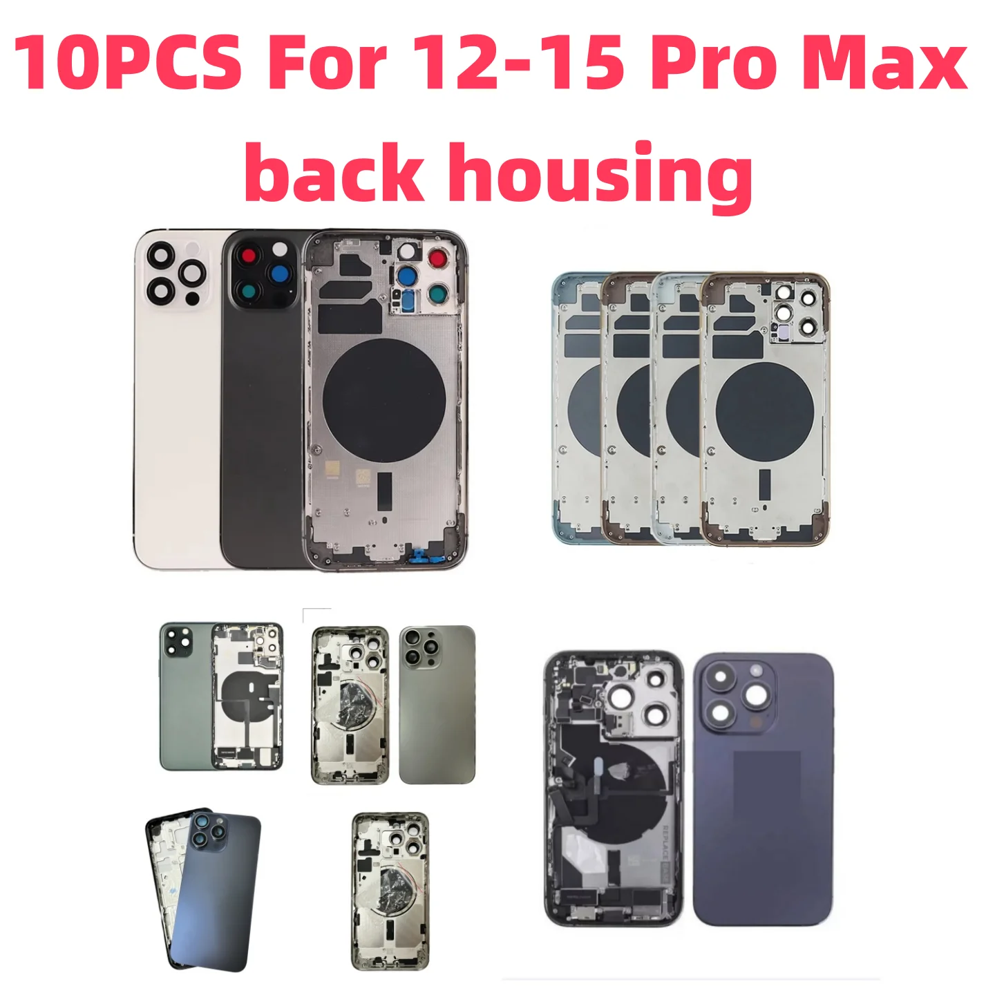 10pcs Back Housing For iPhone Battery Cover 12 -13-14-15 Pro Max Plus Mini +Middle Frame Chassis+with Side Buttons+SIM Tray