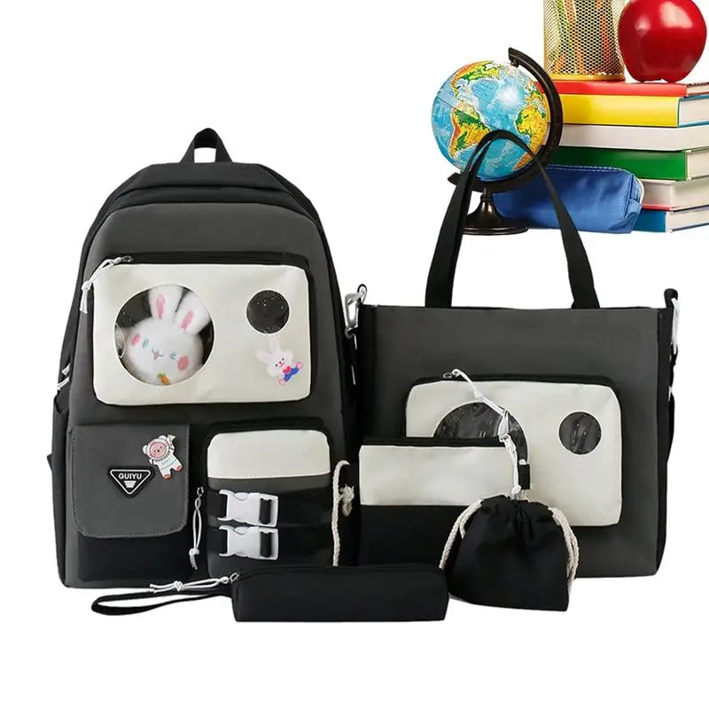 Cute Backpack Set For Girls Aesthetic School Backpacks With Pins And Plush Pendants 5 Piece Large Capacity Waterproof Bag