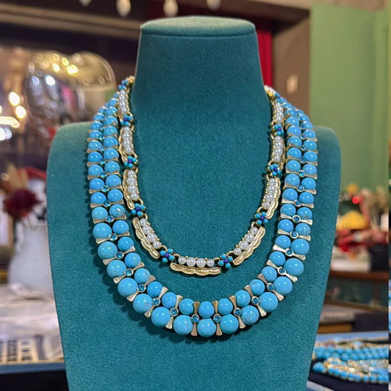 Vintage Turquoise Layer Blue Natural Stone Beaded Necklaces For Woman Chain Antique Jewelry Accessories Retro Bohemian Style