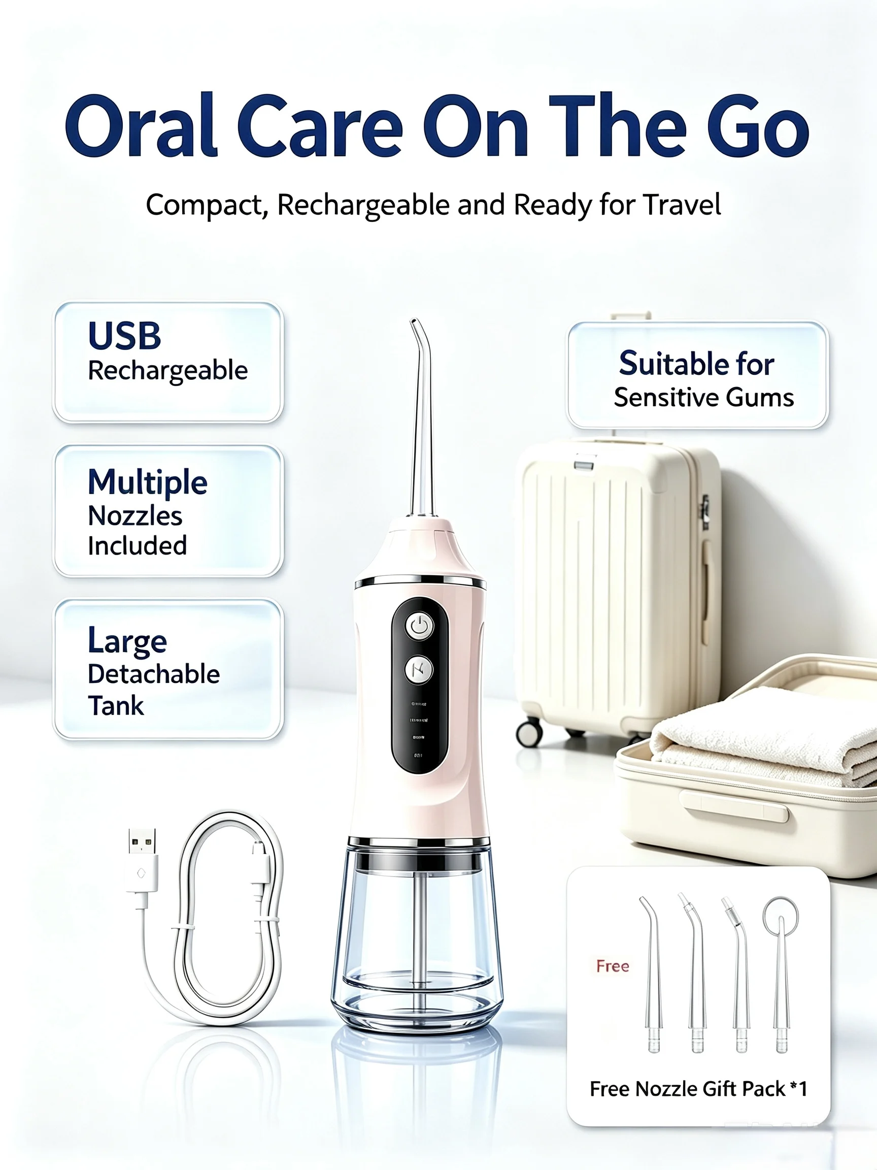 ortable rechargeable water flosser , ultra-fine pulsed water jet, powerful motor, 350ml , multi-functional nozzle