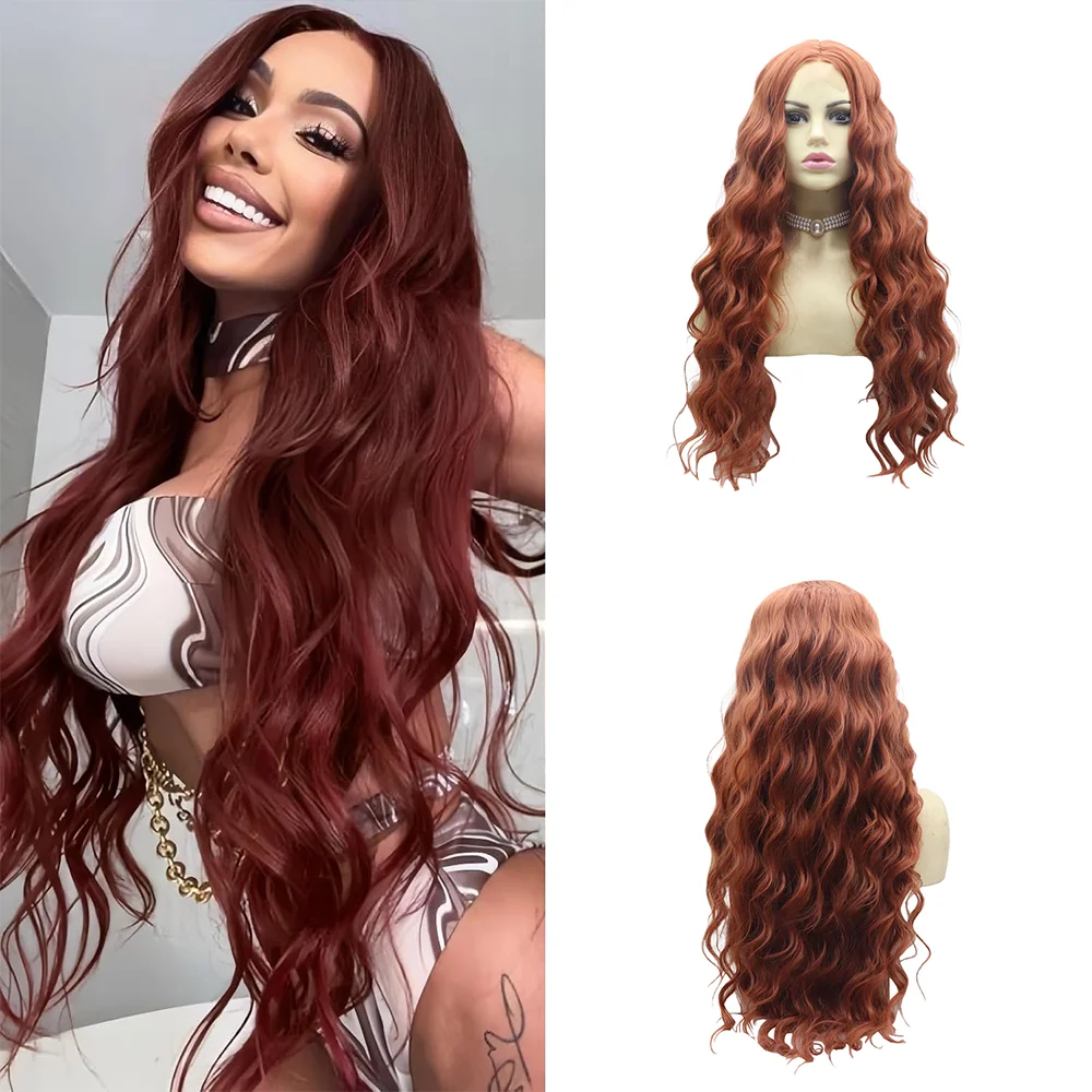 1 × 4 شعر صناعي بدانتيل أمامي على شكل حرف T 24 بوصة أرجواني وذهبي شعر مجعد مموج مناسب للحفلات اليومية للنساء شعر مستعار مقاوم للحرارة