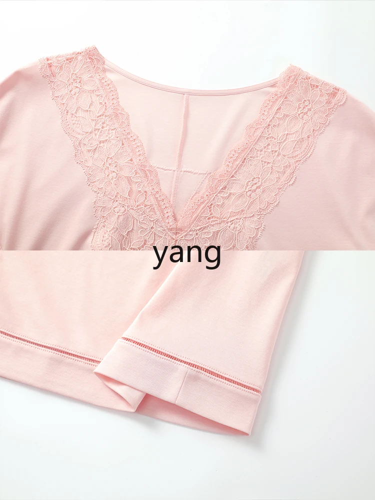 LMM spring and summer women's cotton pajamas set court style lace edge pullover loungewear