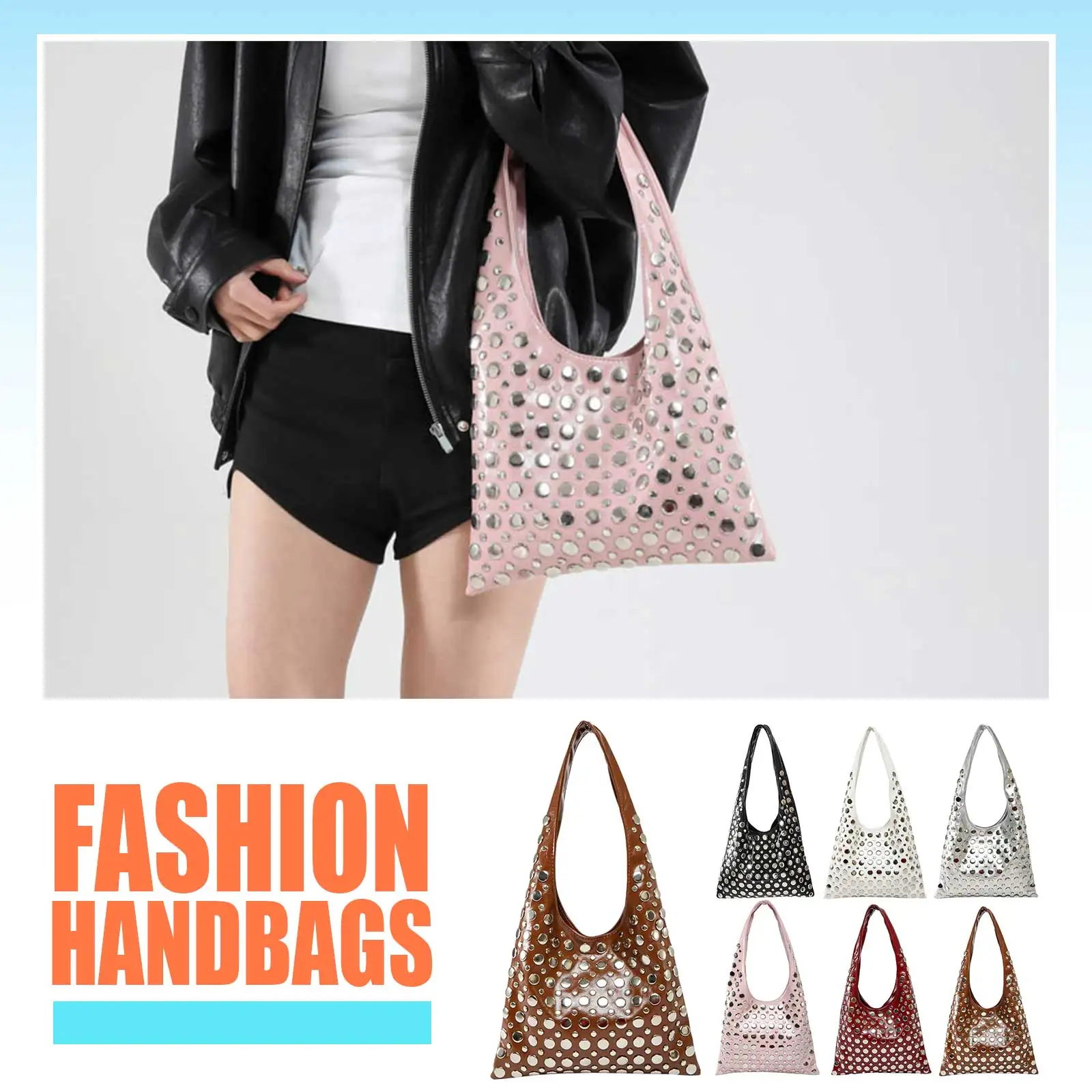 

Women Polka Dot Rivet Bag Large Capacity PU Leather Punk Style Underarm Bag Luxury Studded Handbag Female Shopping Bag