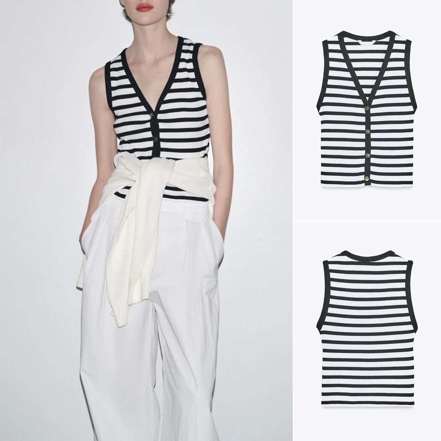 

Winter New Women's Casual Sle Stripe Single Row Multi-Bule V-Ne Svel Vest Top French Sle Polyester Fiber ort ...