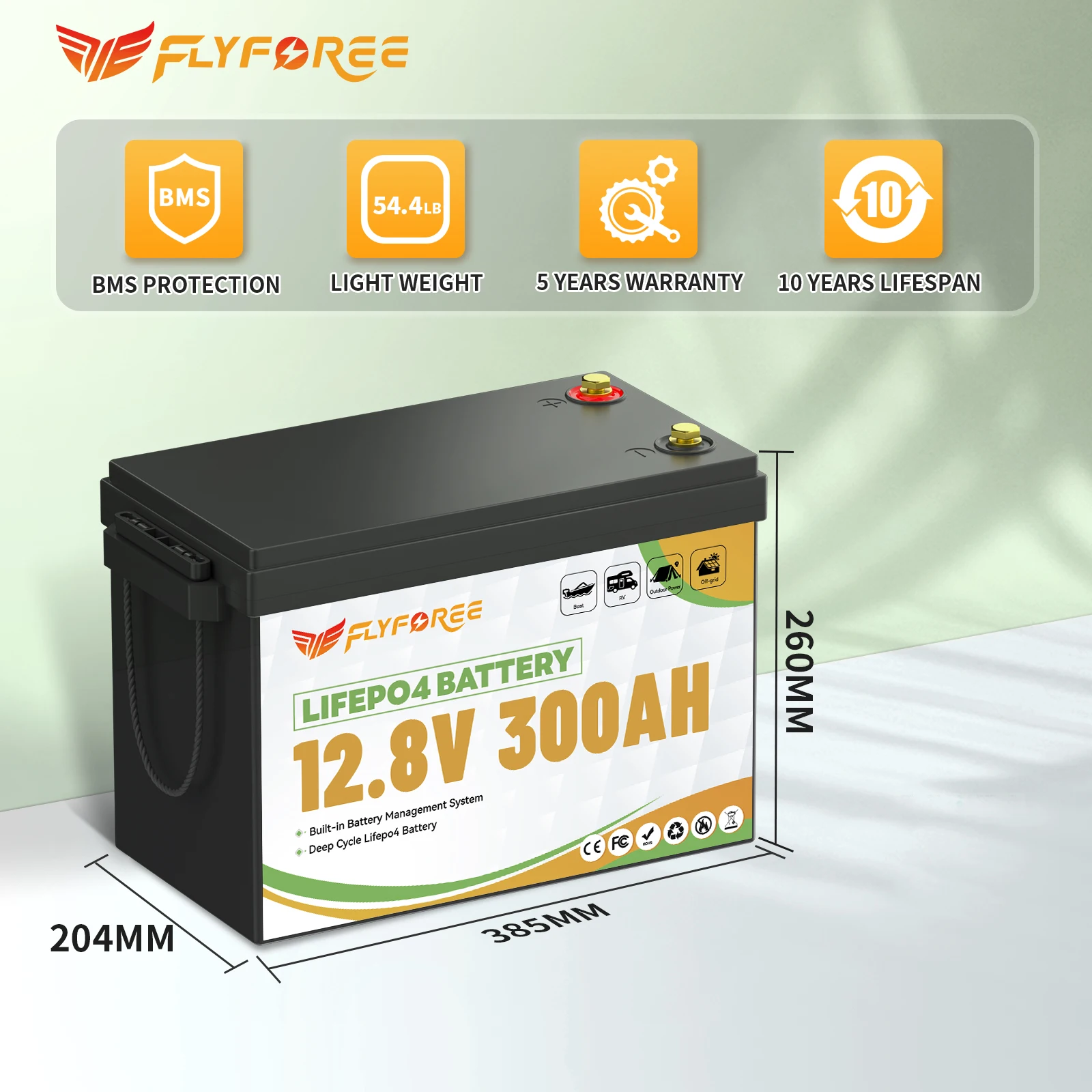 FLLYROWER 12V 300Ah LiFePO4 Lithium Battery Packs With 200A BMS LiFePO4 Battery For RV Boat Motor Solar Battery 8000+ Cycles