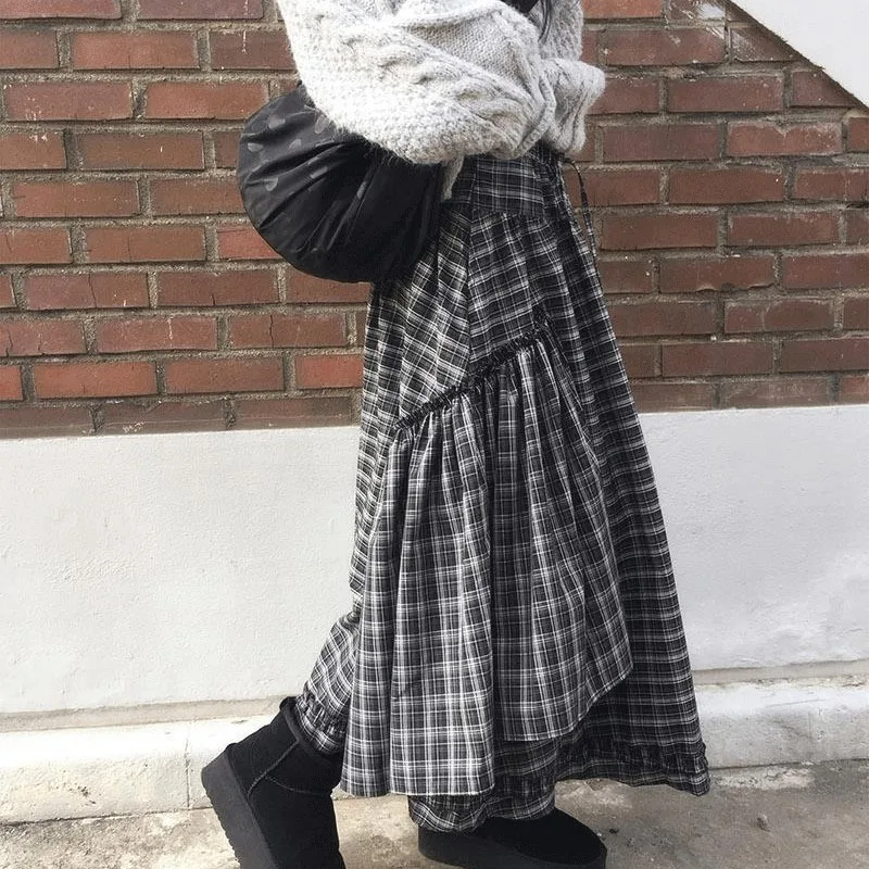 

Ретро-юбка А-силуэта в клетку с завязками, асимметричная, женская, модная, для весеннего повседневного стиля, универсальная, в корейском стиле, многоярусная