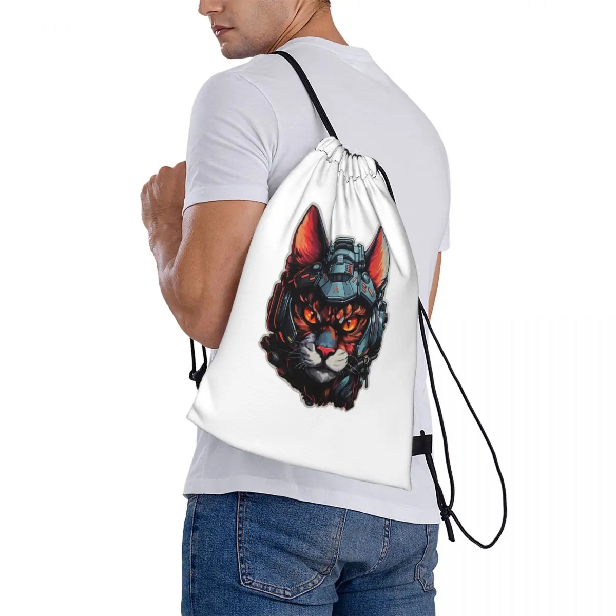 Cyber Cat Robotic Animal Backpacks Casual Drawstring Bags Sports Bag Book Bags for Travel Students