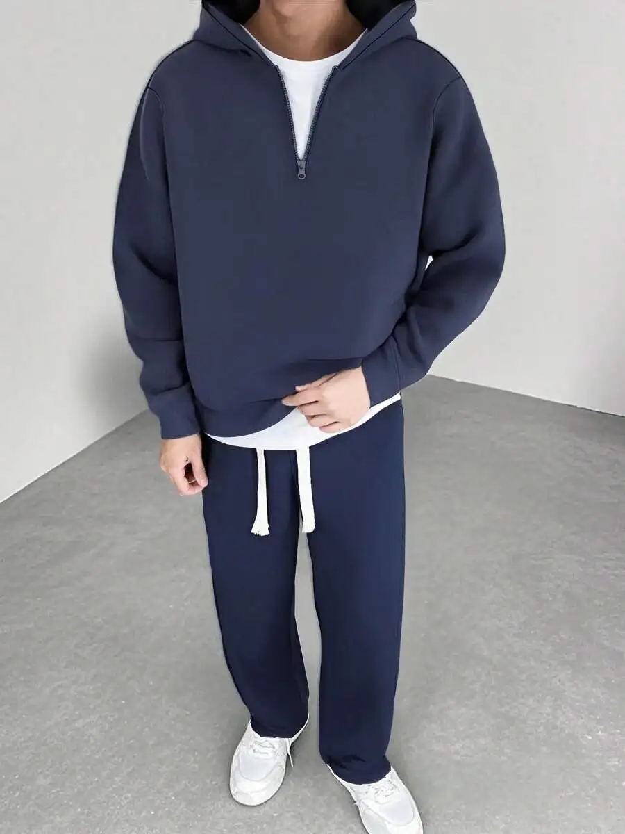 

Mens Blue Casual Hooded Tracksuit Set With Zipper And Drawstring Pants