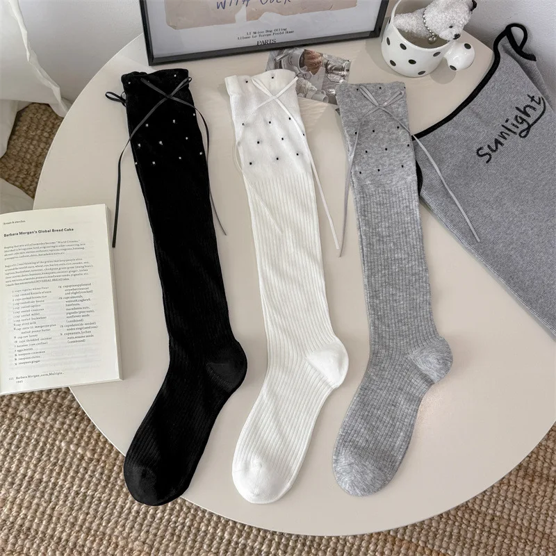 1 Pair INS Causal Spring Summer Thin Balletcore Bow Ribbon Streamer Stacked Long Socks Women Preppy Mid-Calf Stockings for Girls