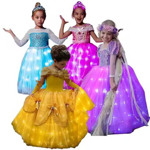 Girls Evening Party Disney Princess Ella Anna Belle Cinderalle LED Lights Princess Dress Costume