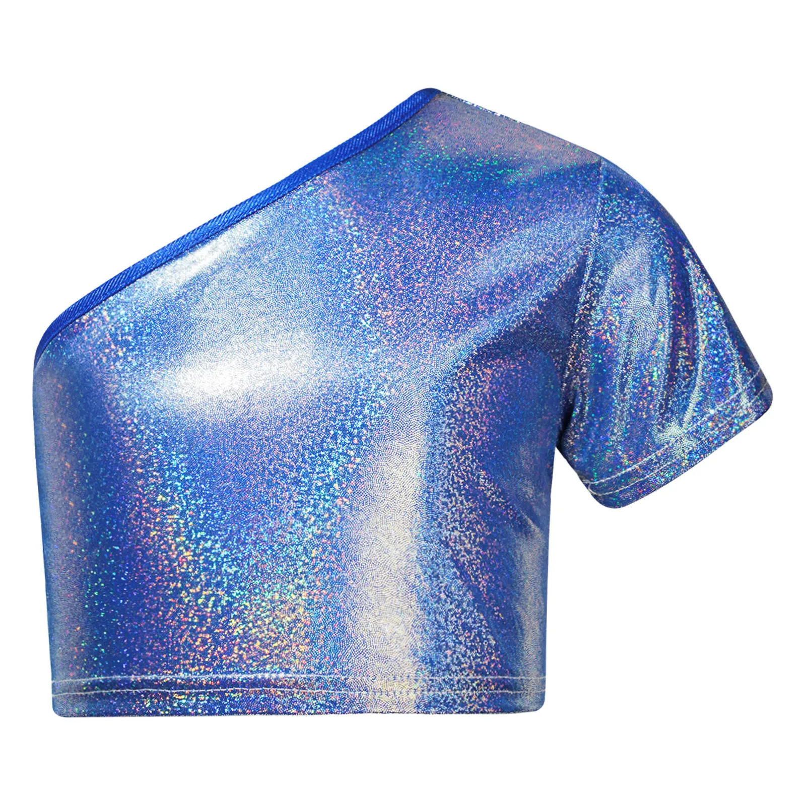 Kids Girls Short Sleeve T-shirt Dancewear Jazz Dance Tops Fashion Children's Hip Hop Dancewear One Shoulder Metallic Crop Top