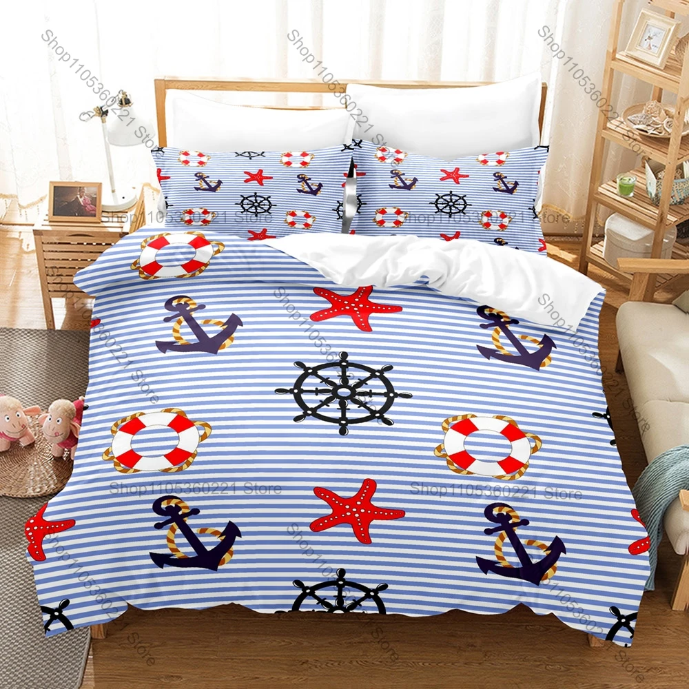 Navy Blue Anchor Theme Bedding Set 3 Pieces Marine Sailor Style Quilt Cover Set Twin Full Queen King Size Bed Linen