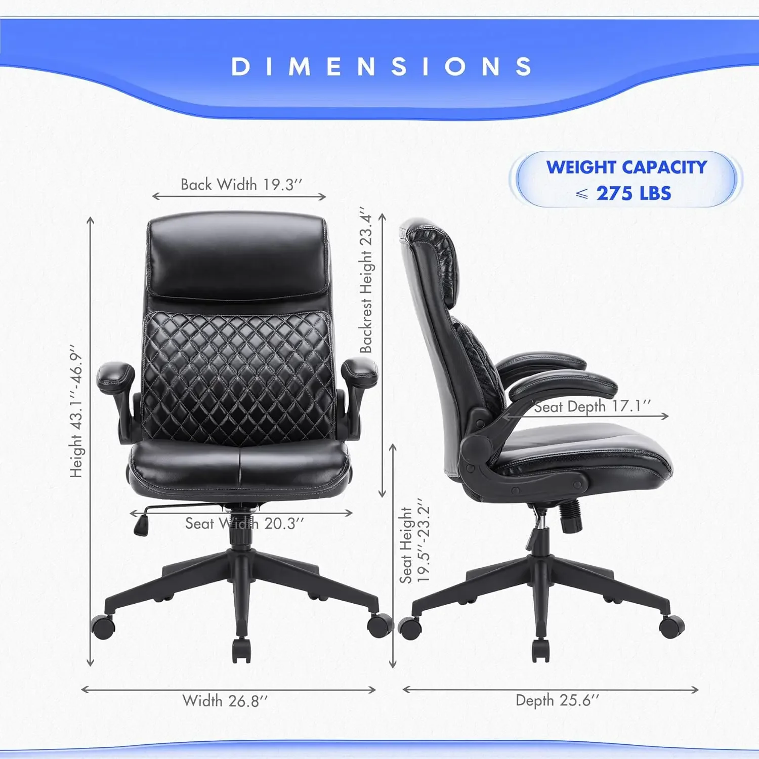 COLAMY Home Office Chair 275LBS Executive Leather Office Chair z wyściełanymi podnoszonymi ramionami, regulowaną wysokością i blokadą pochylenia, czarny