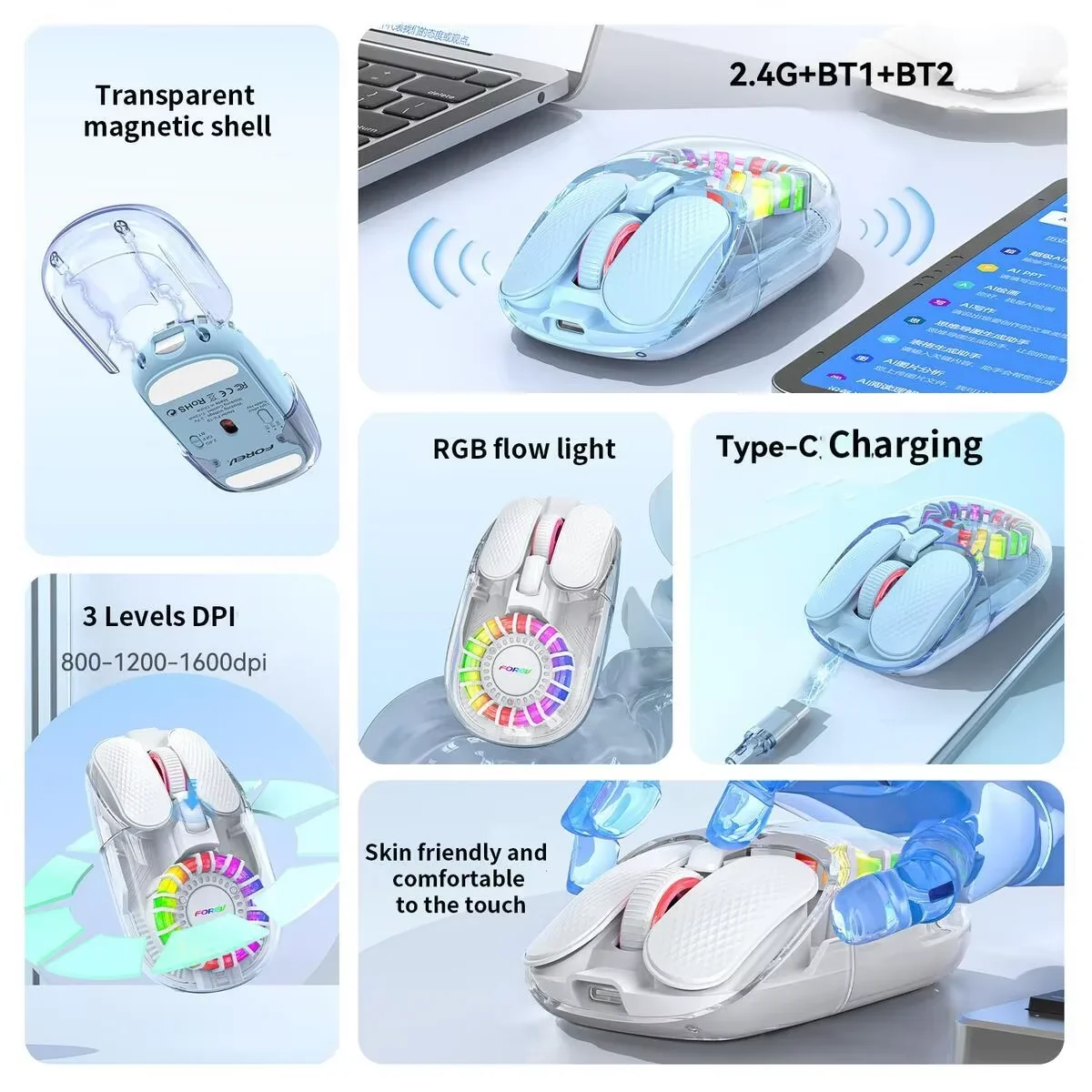Wireless Transparent Mouse Bluetooth 2.4G Dual-mode RGB Backlight Rechargeable Silent Button Office Mice For Computer Laptop