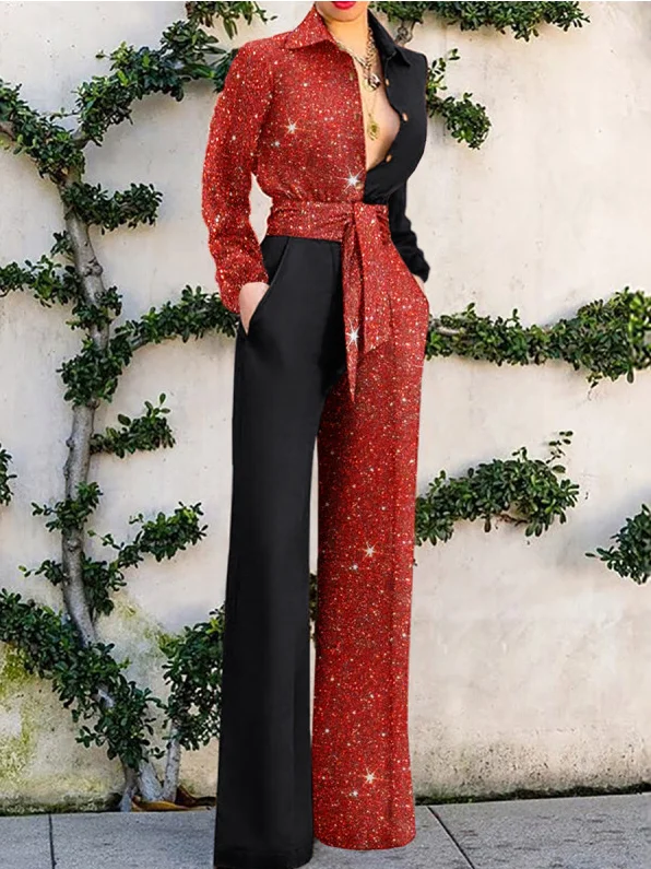 Summer Shirt Collar Wide Leg Pants Women Jumpsuit Shiny Long Sleeve Patchwork Color Belt Pockets Jumpsuit