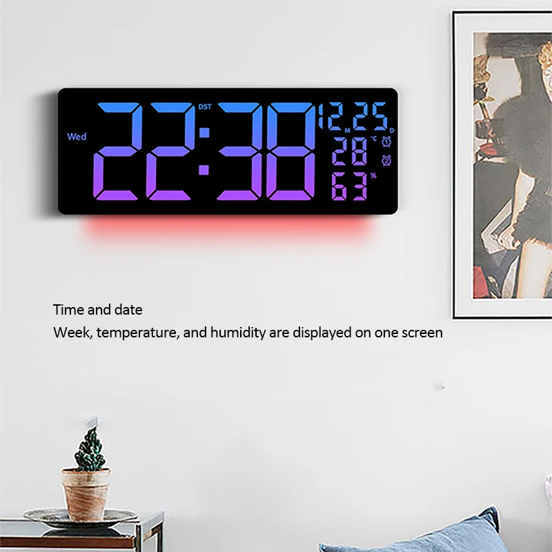 16.5inch Large Digital LED Wall Clock with Remote Control,Temperature Humidity Display RGB Colorful Atmosphere Wall Clock