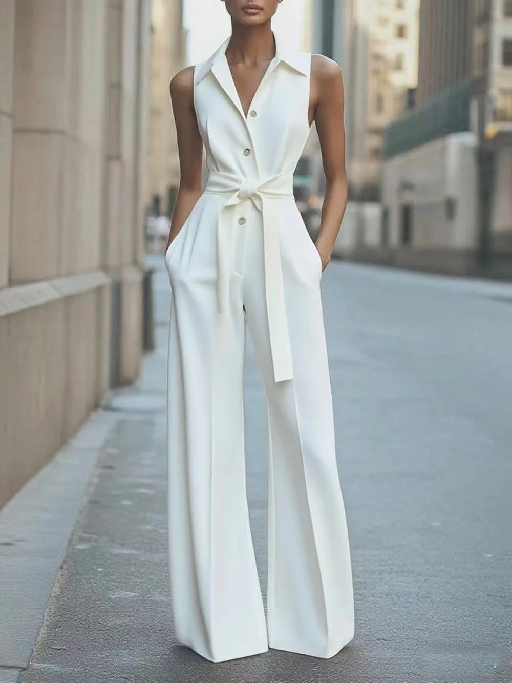 New High Waist Commuter Jumpsuit Single Breasted Design Daily Clothing Summer Women's Fashion Sleeveless Wide Leg Long Jumpsuits