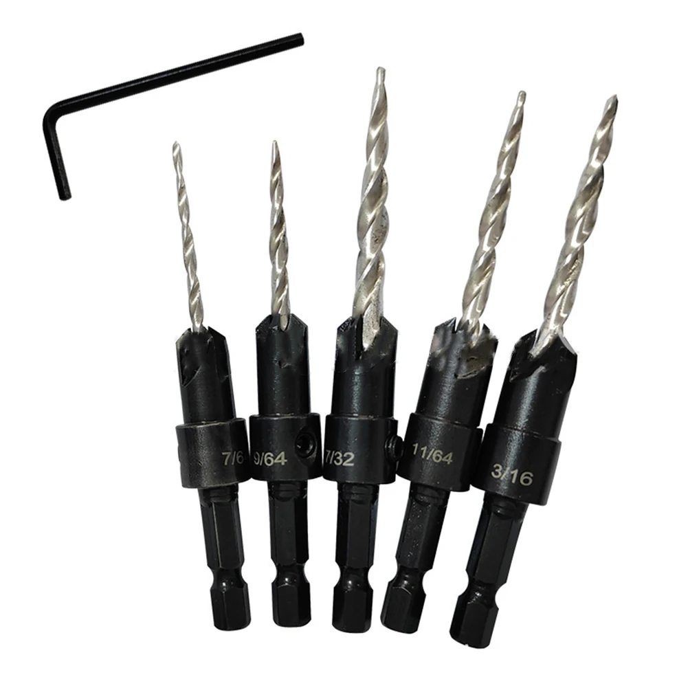 

5PCS Adjustable Woodworking Countersink Drill Bit Set Tapered Drill Bit 7/64 9/64 11/64 3/16 7/32