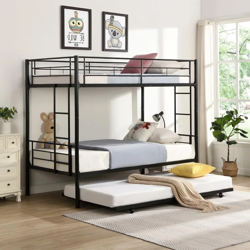 Twin Over Twin Bunk Bed with Trundle, Two Side Ladders & Guard Rails, No Box Spring Needed, Metal Bunkbed Frame,