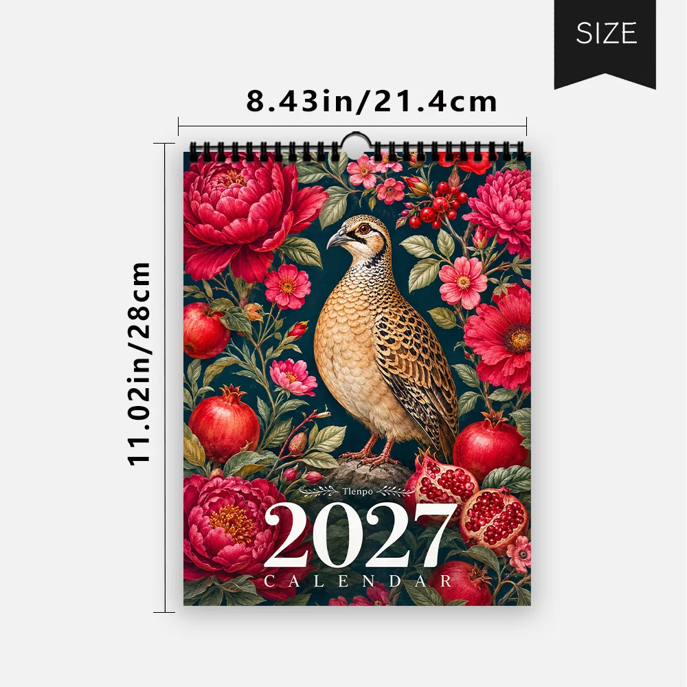 1pc 2027 Vintage Floral Birds Wall Calendar,12‑Month Planner,Gift For ,Christmas,Halloween,New Year,Free Stickers Included
