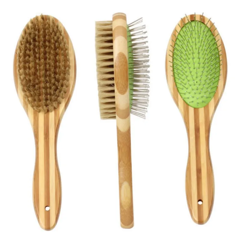 Dog Brush Bamboo Dogs Comb Double-sided Dogs Hair Brush Pet Grooming Massage Comb Stainless Steel Dog Hair Remover Pet Supplies