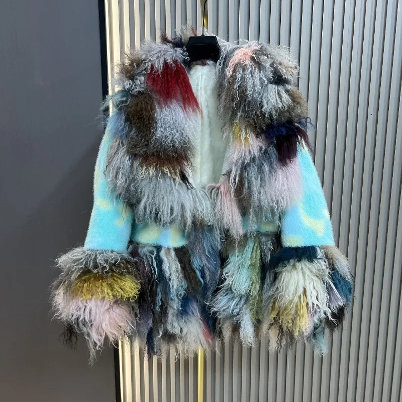 خريف شتاء جديد عصري كتلة اللون مريحة منتصف طول فرو المنك الصناعي تقسم الصوف سميكة الدافئة أنيقة معطف الشباب #2