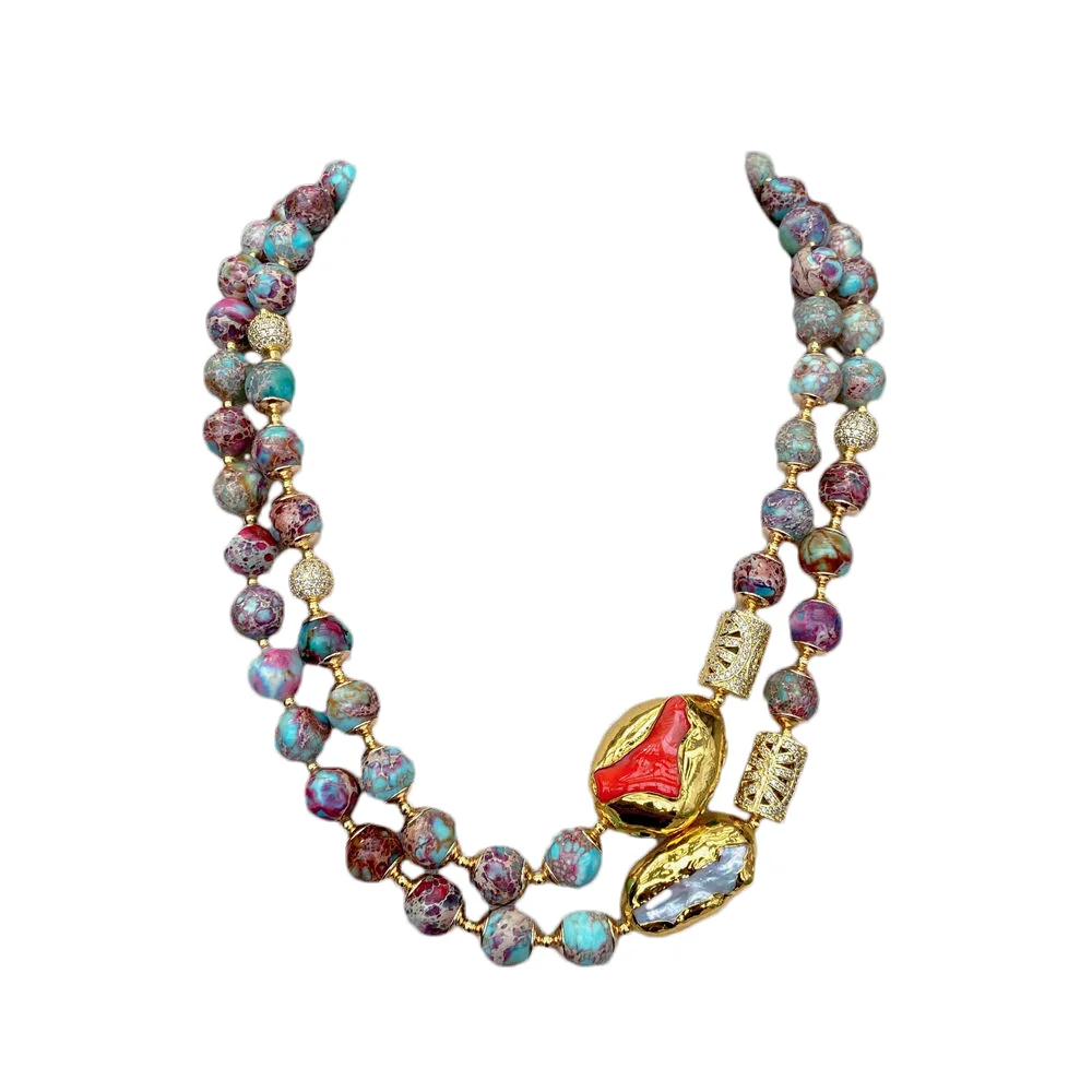 

2 strands 10mm Blue Purple Imperial Jasper Orange Coral White Biwa Pearl Beads Necklace Multilayers Necklace Statement Jewelry