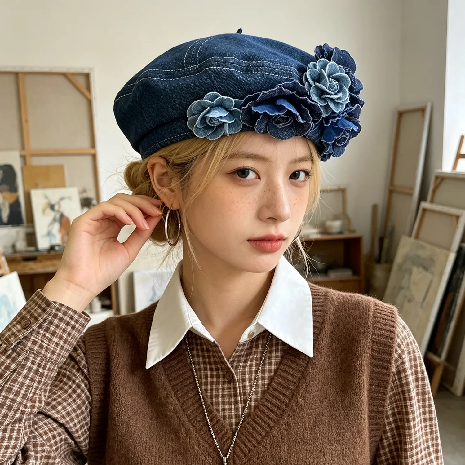 ヴィンテージデニムベレー帽-3d-ローズフローラル装飾フレンチアーティストキャップユニセックス調節可能なカジュアル帽子女性男性用日常着