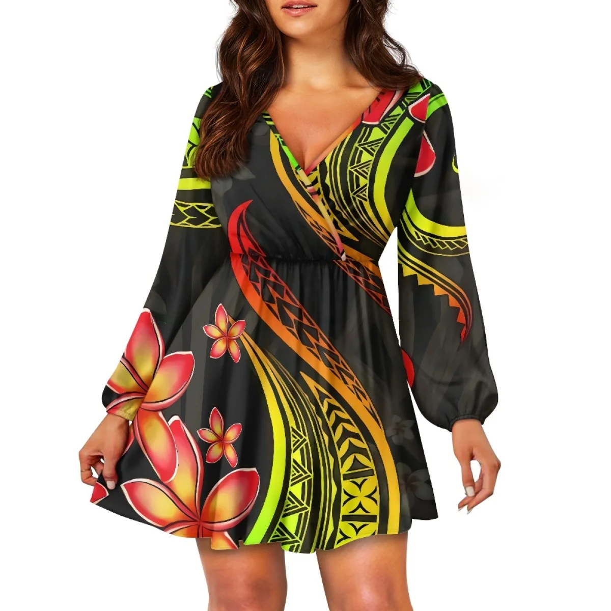 Teal polinésia design tribal vestido com decote em v samoa puletasi plus size vestido feminino com decote em v estilo ilha personalizado